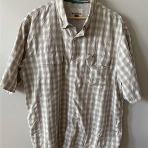 Simms Men's Short Sleeve Plaid Button-Down Shirt in Beige and White
